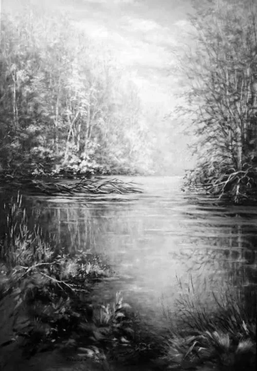 meandr-reky-cb (2) Obraz Meandr řeky , černobílá fotografie.